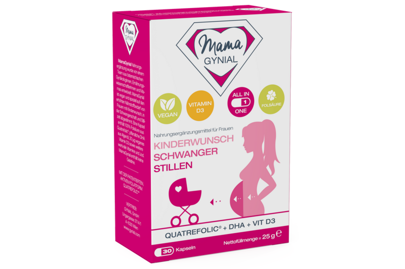 mamagynial-30kapseln-packshot-430×600.png Verpackung eines Nahrungsergänzungsmittels für Frauen mit der Aufschrift "Kinderwunsch, Schwanger, Stillen" in bunten Farben.