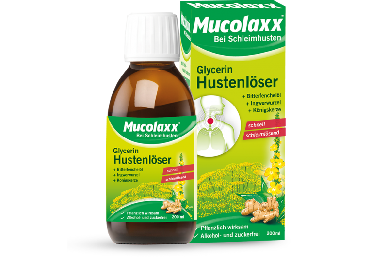 Eine Flasche und Verpackung von MucoLaxx Glycerin Hustenlöser, pflanzlich wirksam gegen Schleimhusten, mit Zutatenliste.