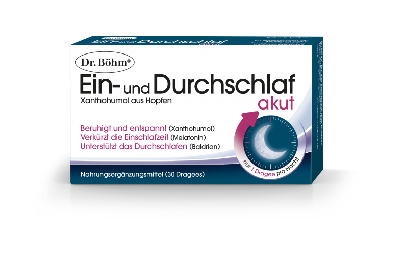 DrBoehm-Ein-Durchschlaf-akut.png Verpackung von Dr. Böhm's Ein- und Durchschlaf akut, ein Nahrungsergänzungsmittel in Drajees zur Förderung des Schlafs.