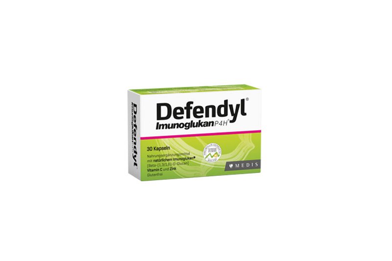 Defendyl-imunoglukan-Kapseln.jpg Packung Defendyl Immunoglukans mit 30 Kapseln, enthält Vitamin C und Zink, glutenfrei, grüne und weiße Gestaltung.