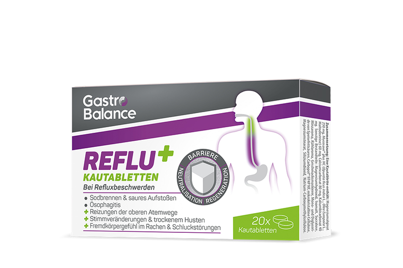gastrobalance-reflu_-kautabletten-2025.png Verpackung von GastroBalance REFLU+ Kautabletten zur Linderung von Refluxbeschwerden, mit Hinweis auf Barriere und Neutralisation.