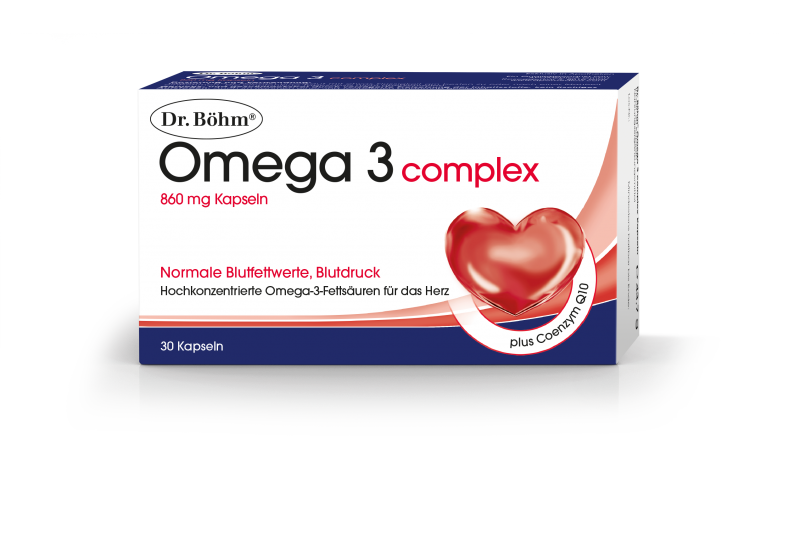 Packung mit 30 Kapseln Omega 3 complex von Dr. Böhm, betont gesundheitliche Vorteile für Herz und Blutdruck.