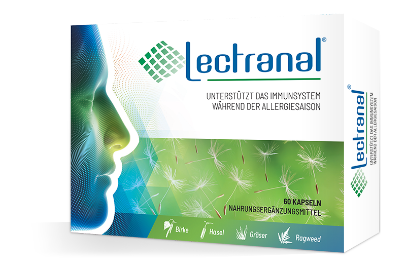 Lectranal_web.png Verpackung von Lectranal, einem Nahrungsergänzungsmittel zur Unterstützung des Immunsystems während der Allergiesaison, mit pflanzlichen Motiven.