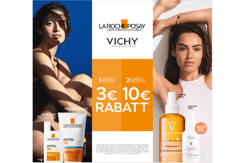 La_Roche_Vichy_Sonnenaktion_2025.png Werbung für Sonnenpflege mit Produkten von La Roche-Posay und Vichy, rabattiert zwischen 3€ und 10€.