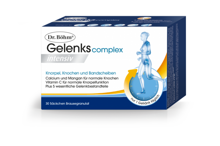 Verpackung von Dr. Böhm Gelenkscomplex intensiv mit Informationen zu Wirkstoffen für Gelenkgesundheit.