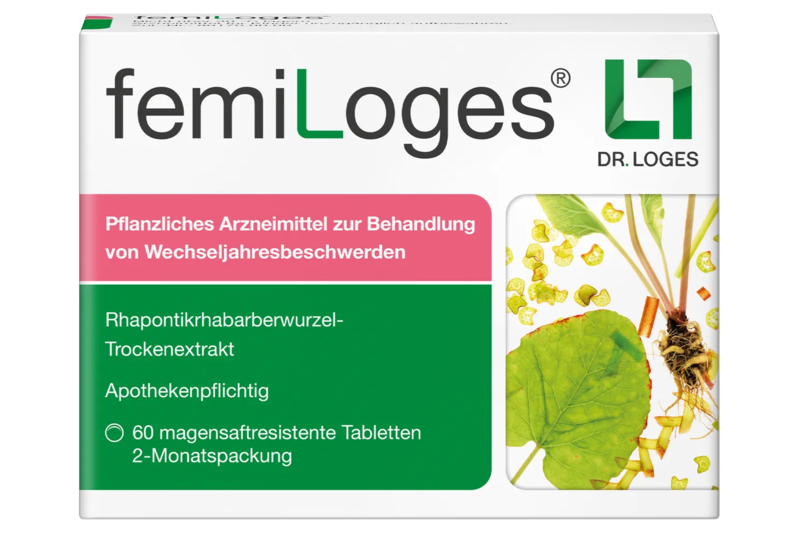 femiloges.png Verpackung von femiLoges, pflanzliches Arzneimittel zur Behandlung von Wechseljahresbeschwerden mit Rhapontikrhabarberwurzel.