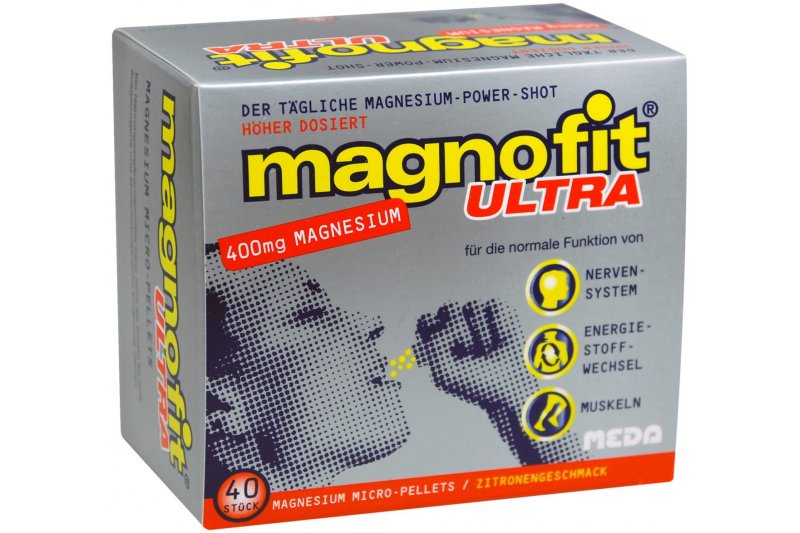 magnofit-ultra-40er.jpg Verpackung von magnofit ULTRA, Magnesium-Power-Shot mit 400 mg Magnesium für Nerven, Energie und Muskeln, Zitrongeschmack.