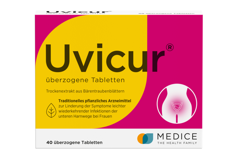uvicur.png Packung mit überzogenen Tabletten namens Uvicur, hergestellt aus Bärenkraut, zur Linderung von Harnwegssymptomen.