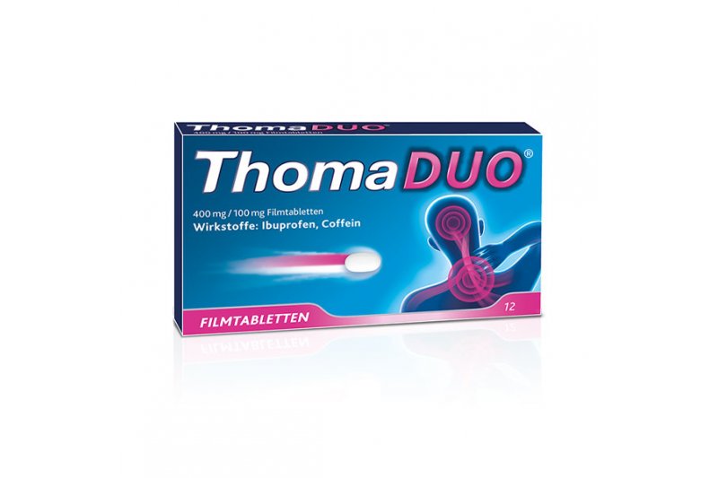 Thomaduo-12Stueck.jpg Packung ThomaDUO Filmtabletten mit Ibuprofen und Coffein, blau mit pinken Akzenten und Silhouetten von Schmerzen.