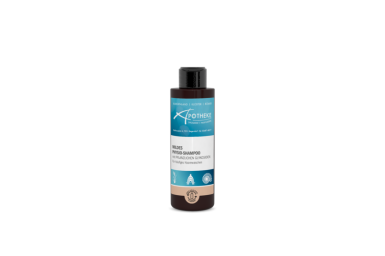 Flasche mit mildem Physio-Shampoo, verpackt in einem dunkelbraunen Kunststoffflakon mit blauer und weißer Etikettierung.