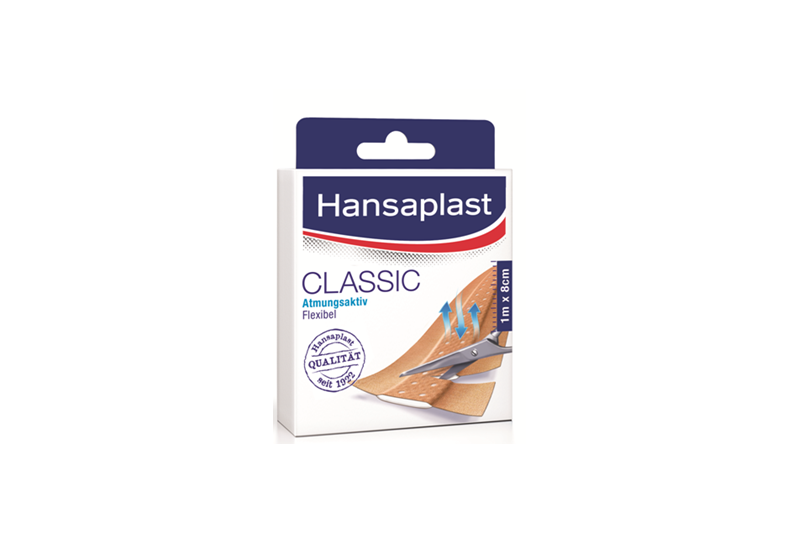Hansaplastclassic.png Verpackung von Hansaplast Classic, atmungsaktives und flexibles Pflaster, sichtbar sind Scheren und Maßangaben.