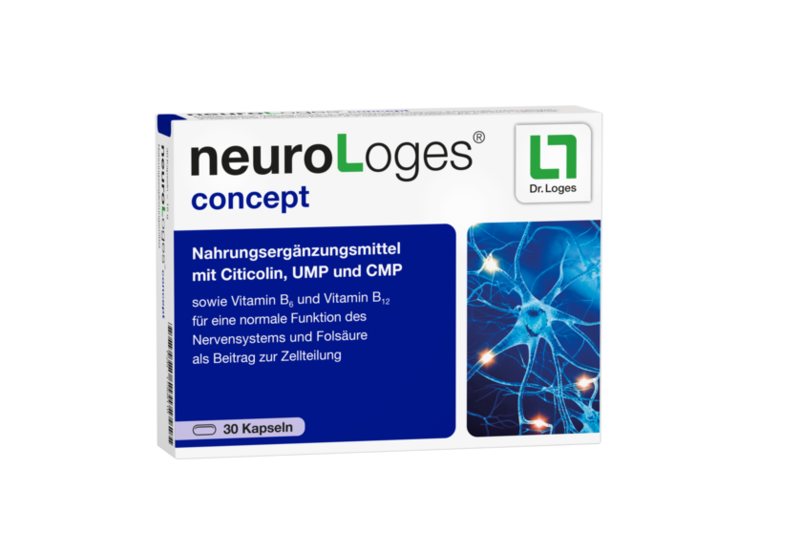 neuroLoges_concept.png Verpackung des Nahrungsergänzungsmittels neuroLoges concept mit Citicolin, UMP, CMP und Vitaminen.