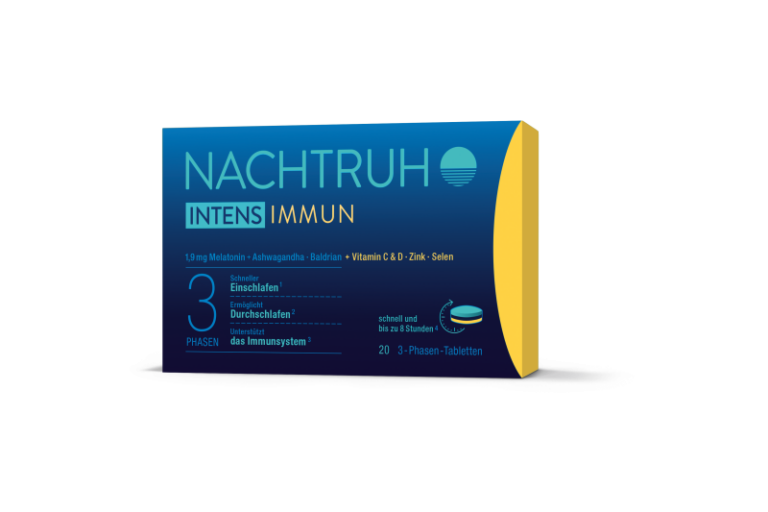 Verpackung von NachtRuhe Intens Immun, enthält Melatonin, Ashwagandha, Baldrian, Vitamine und Mineralstoffe, 20 Tabletten.