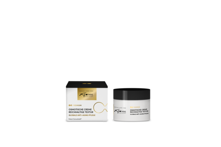Dose mit osmatischer Creme in reichhaltiger Textur für globale Anti-Aging Pflege, verpackt in einer eleganten Box.
