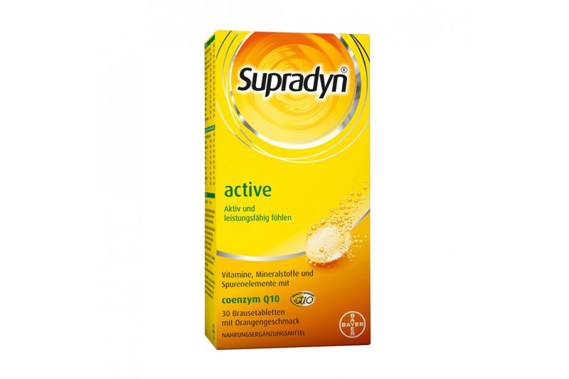 Supradyn-active-Brausetabletten.jpg Box mit Supradyn active Brausetabletten, gelbes Design, Informationen zu Vitaminen und Mineralstoffen, Orangen-Geschmack.