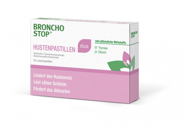 BronchostopHustenpastillen-duo.jpg Verpackung von Broncho Stop Hustenpastillen duo mit Informationen zu Inhaltsstoffen und Wirkungen.