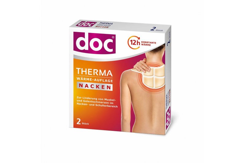 doc_Therma_Nacken_2_Stk.jpg Verpackung einer Wärmeauflage für den Nacken mit Informationen zur Anwendung und Wirkdauer.